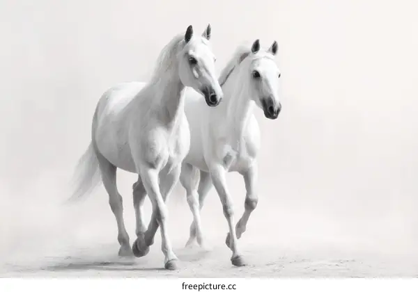 Two Majestic White Horses in Motion