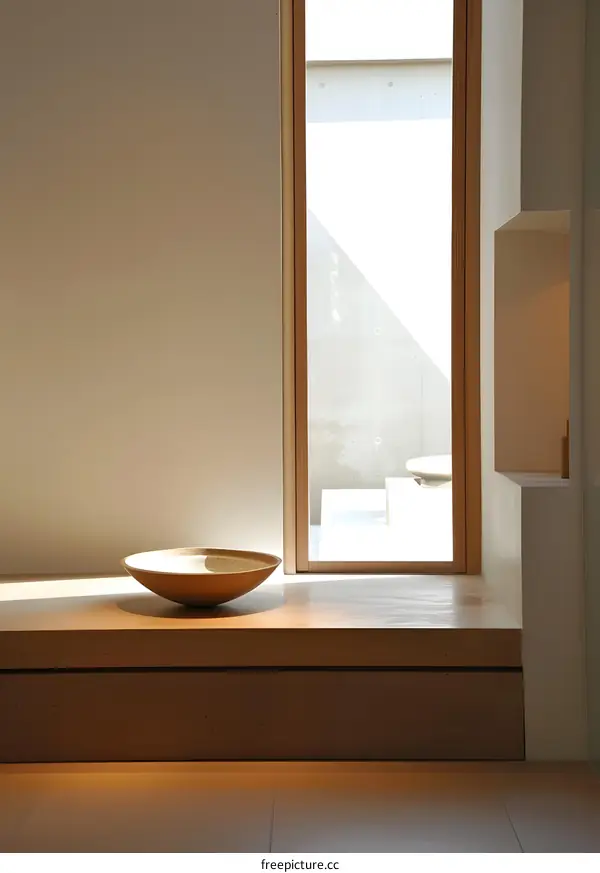 Minimalist Interior Design with a Wooden Window and a Bowl