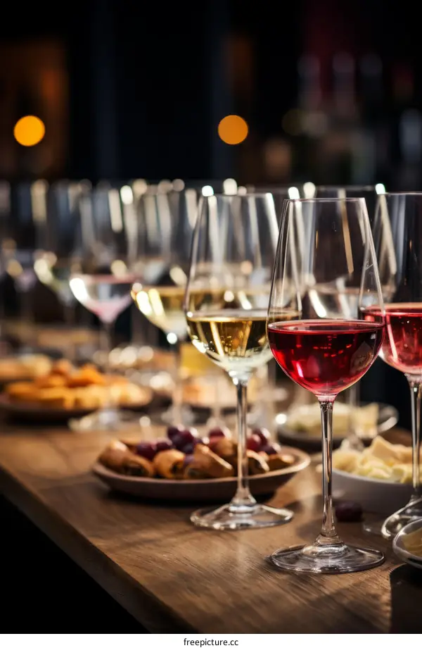 glasses of white and red wine on a wooden table