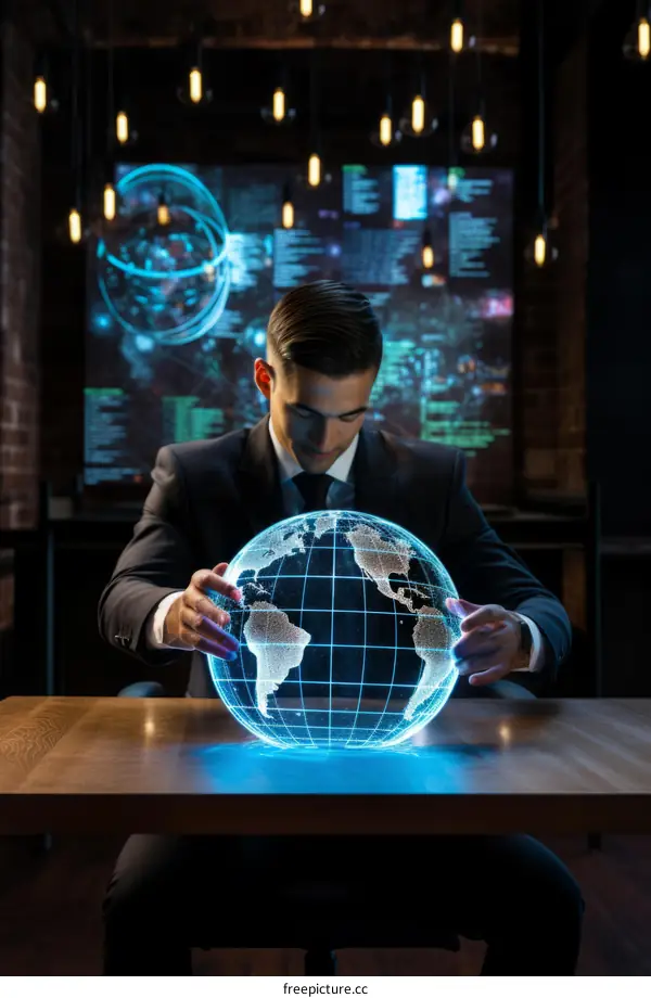 Businessman sitting at a desk and holding a glowing globe in his hands.