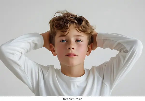 Portrait of a Young Boy with Curly Hair Wearing a White Shirt