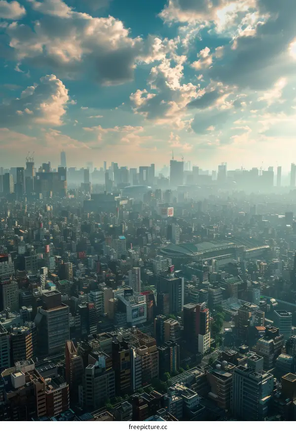 Aerial view of a bustling metropolis with skyscrapers and a stadium