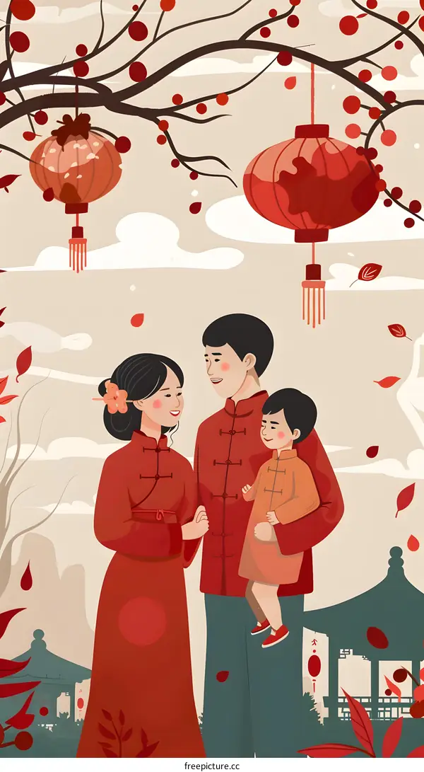 Happy Chinese New Year Family Illustration with Red Lanterns