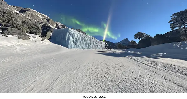 Majestic View of Northern Lights Above Snowy Mountain Landscape