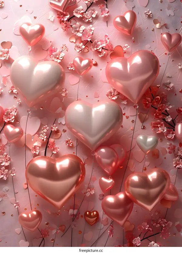 Pink heart-shaped balloons and cherry blossoms