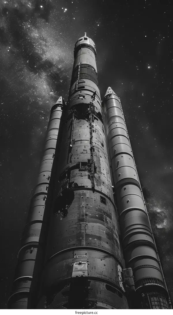 A grayscale image of a rocket under a starry night sky
