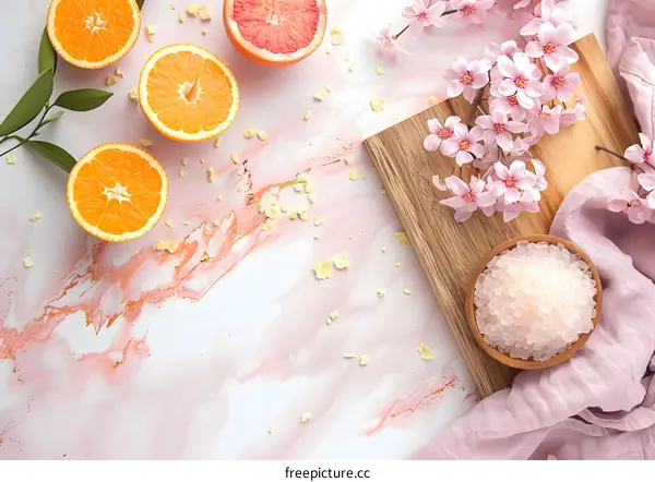 Pink Marble Background with Oranges and Flowers