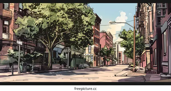Illustrated City Street Scene With Buildings and Trees