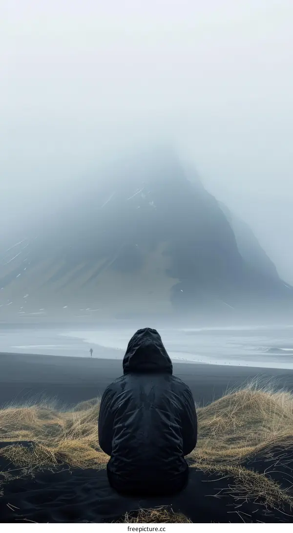Man in black jacket sitting on a beach of black sand in Iceland with a large mountain in the background