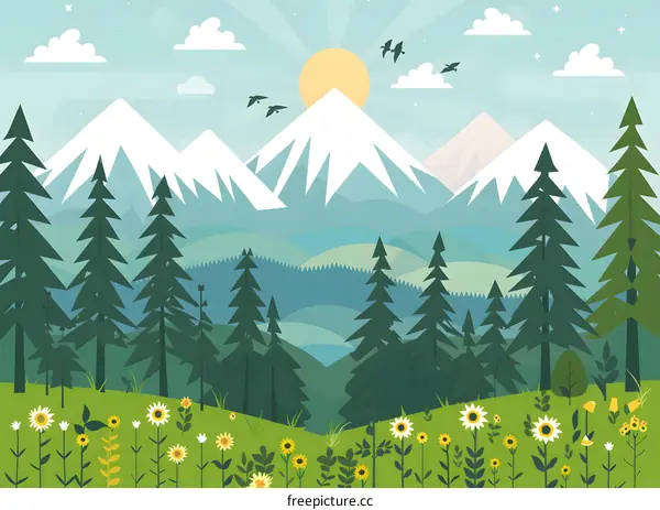 Mountain Landscape With Pine Trees and Flowers