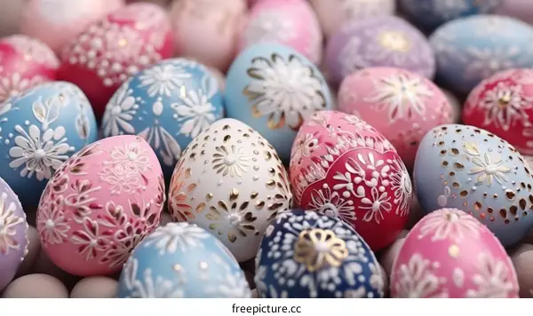 A variety of Easter eggs with intricate and colorful designs