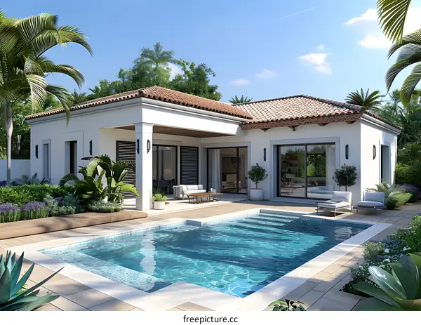 A modern house with a pool and a beautiful garden