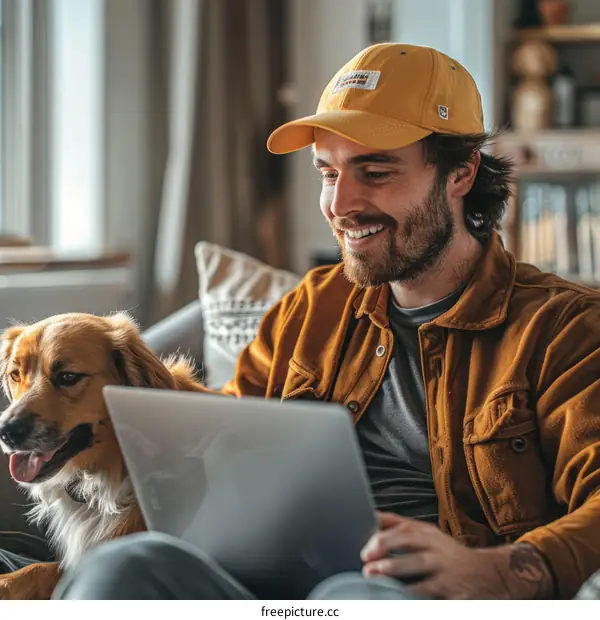 A man and his dog are sitting on a couch and looking at a laptop.