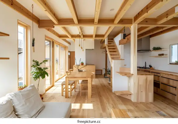 Modern Wooden House Interior Design with Large Windows and Exposed Beams