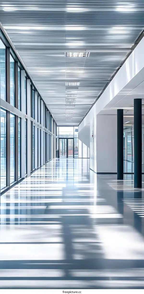 Modern Office Building Interior Design With Large Windows And A White Ceiling