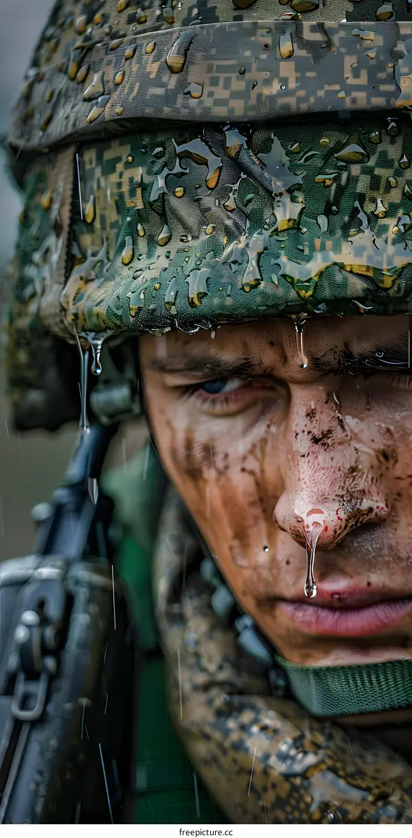 Close up of a soldiers face in a green and brown camouflage helmet with water dripping from the brim of the helmet and his nose