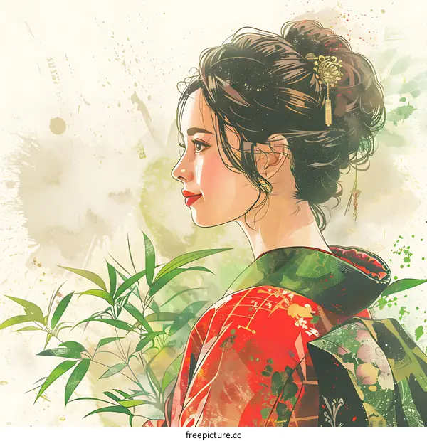 An illustration of a beautiful Japanese woman wearing a kimono