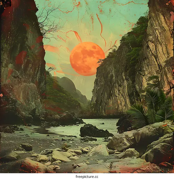 Orange Moon Over Tropical Island Landscape