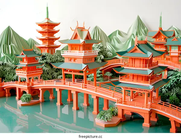 Intricate paper model of a Japanese temple complex