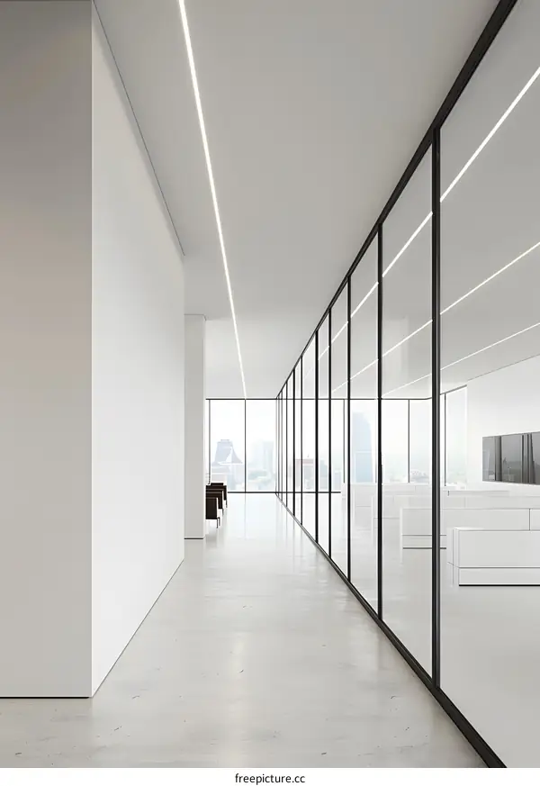 Modern Office Interior Design With Glass Wall And City View