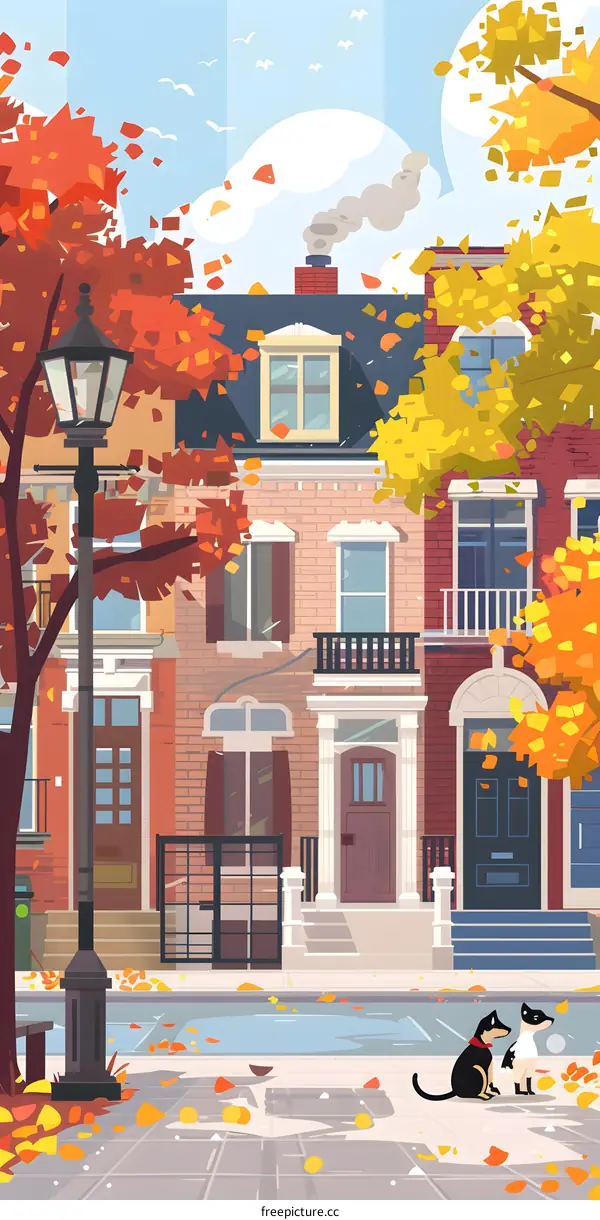 Autumn Illustration of  Charming Street Scene with Two Dogs