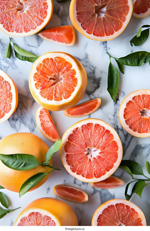 Freshly Cut Grapefruit Halves and Slices on a Marble Surface