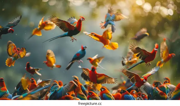A flock of colorful birds flying in the sky