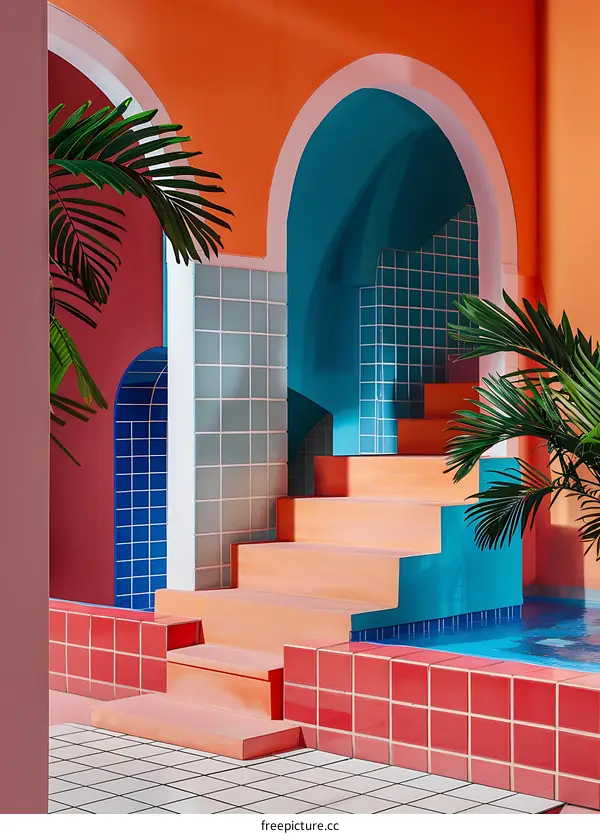 Abstract Minimalist Pool with Palm Trees and Steps