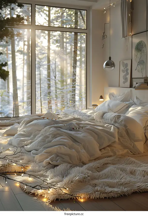 Cozy Winter Bedroom with Snowy Forest View