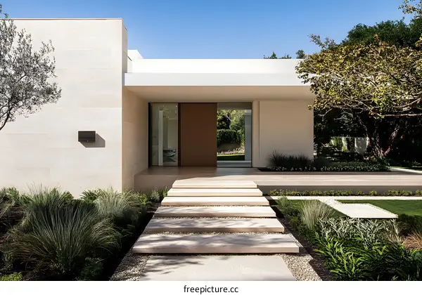 Modern White House Entrance with Stone Steps and Landscaping