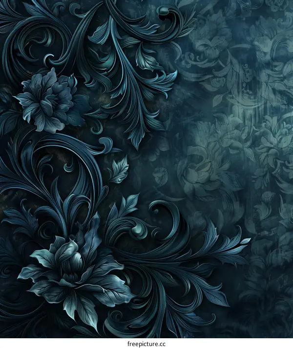 Royal Blue Embossed Pattern with Roses and Vines on a Dark Blue Background