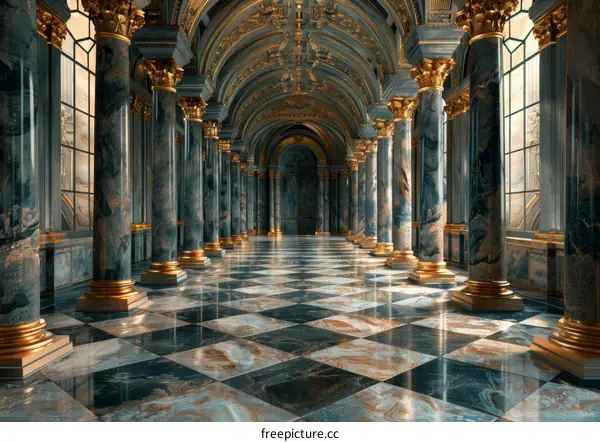 ornate hallway with marble columns and checkered floor