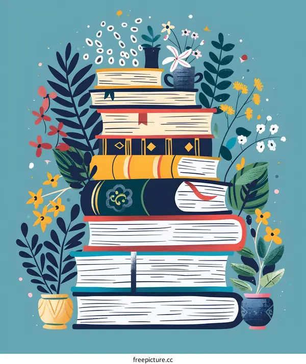 Stack of Books with Flowers and Plants
