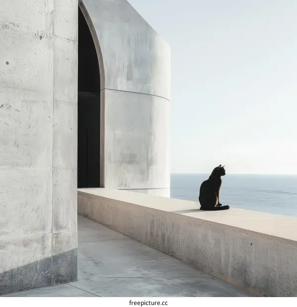 A black cat sitting on a concrete railing looking out at the ocean