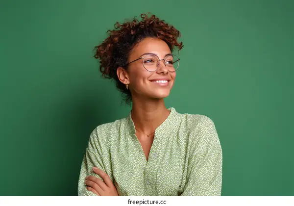 Smiling Woman with Curly Hair in Green Blouse