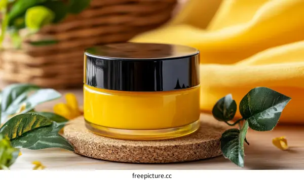 Yellow Cream Jar on Wooden Surface with Natural Background