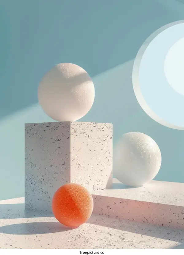 3D rendering of a surreal space with geometric shapes and soft lighting