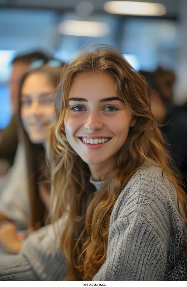 portrait of a smiling young woman with long blond hair