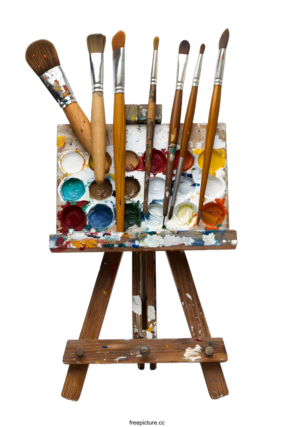 [Transparent Background PNG]Wooden Easel with Paint Brushes and Palette