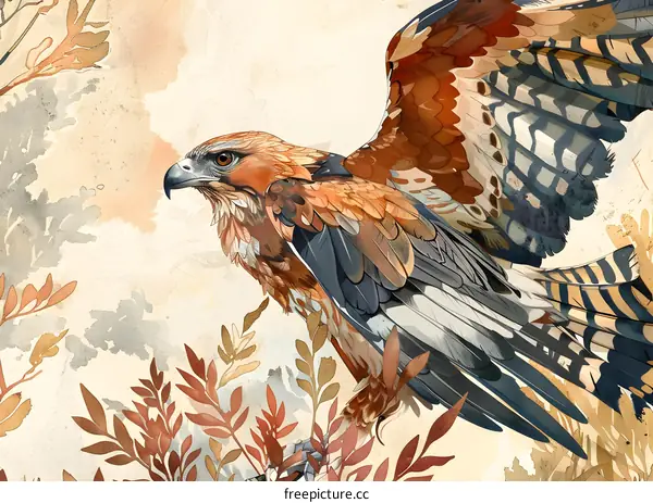 Watercolor Illustration Of A Hawk With Spread Wings