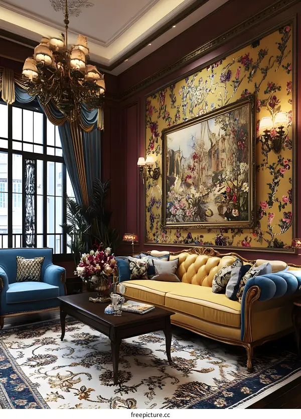 Elegant Living Room Interior Design With Yellow Sofa