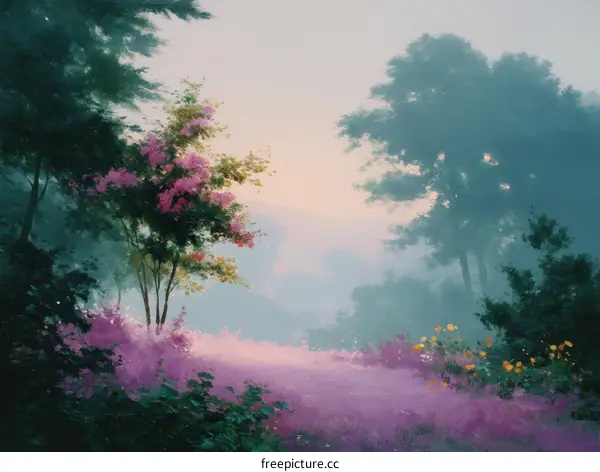 Misty Morning in the Pink Flower Meadow