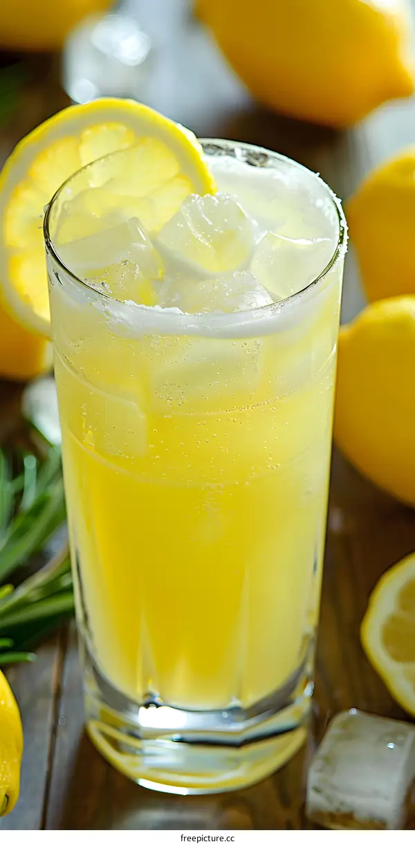 Lemonade with Lemon Slice and Ice Cubes in Glass