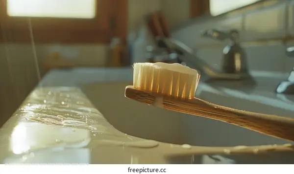 Close-up of a toothbrush with toothpaste on it sitting on the edge of a sink