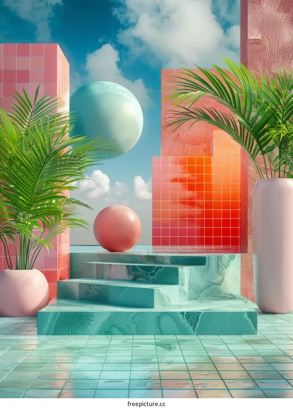 Colorful Geometric Abstract Scene with Floating Sphere