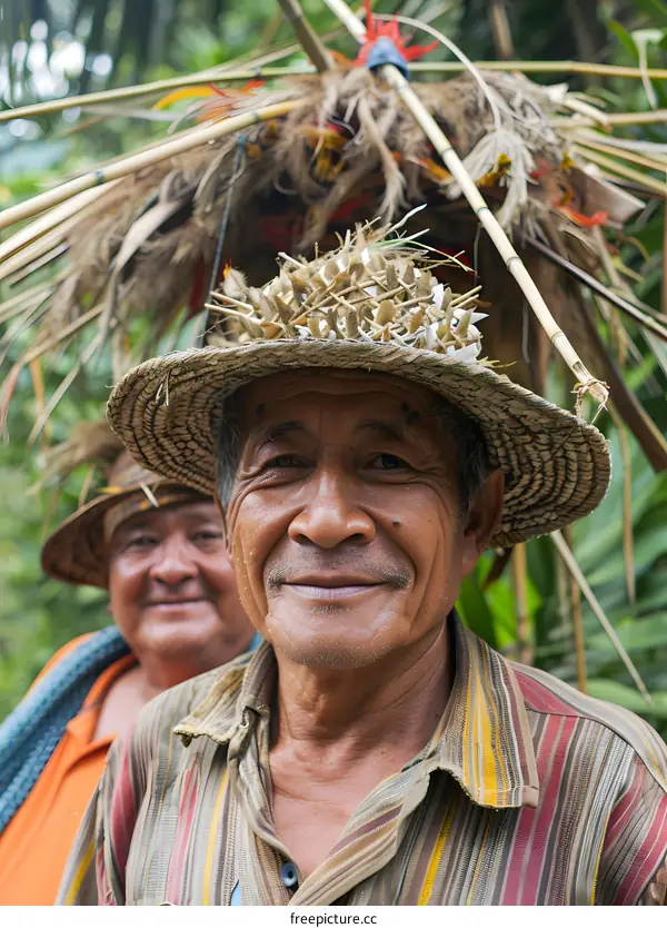Two men wearing straw hats decorated with shells and feathers.