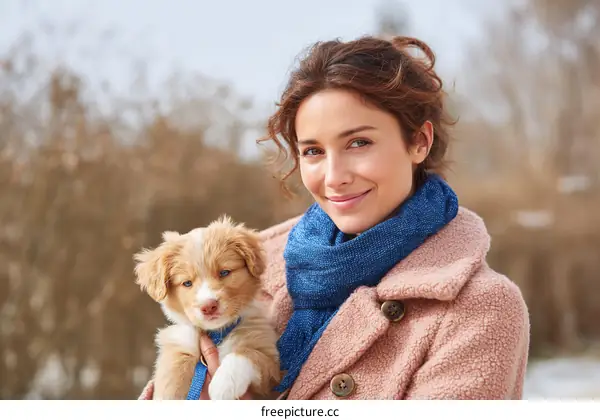Young woman holding a small fluffy puppy in winter coat