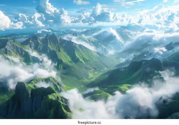 Green mountains and clouds