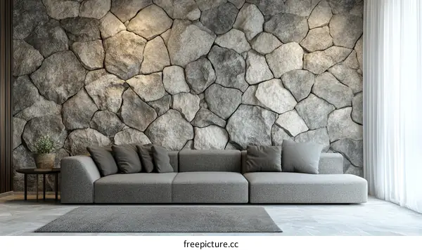 Modern Living Room with Stone Wall