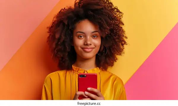 Smiling Woman with Curly Hair Holding a Red Phone